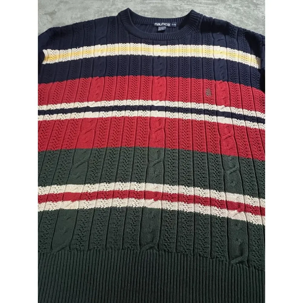 Vintage 90s Nautica Cable Knit Sweater Youth L Striped Colorblock Cotton